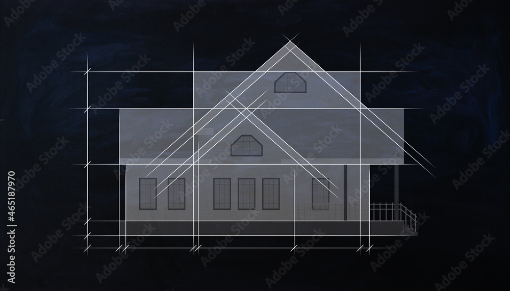 黑色背景下的创意住宅项目蓝图。建筑和规划概念。3D渲染。