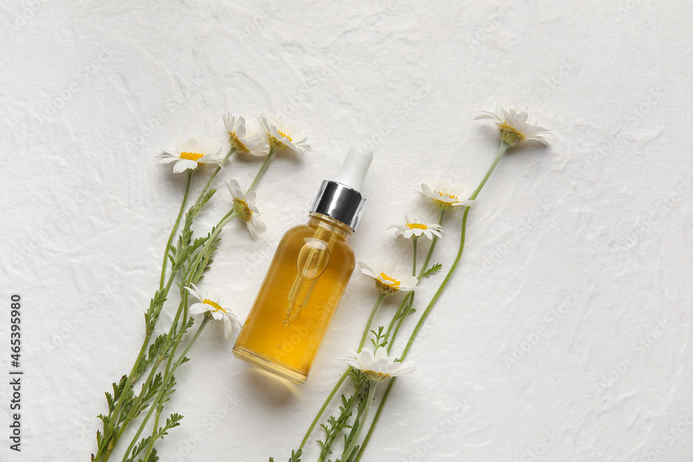 Bottle of essential oil and chamomile flowers on light background