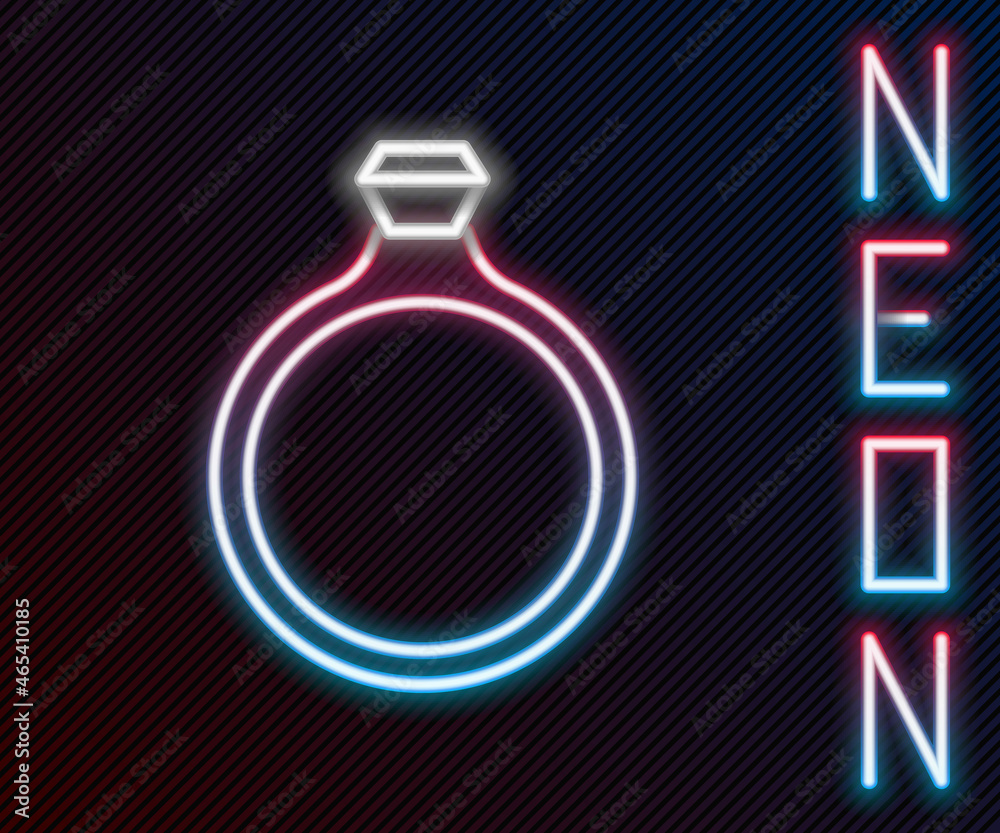 Glowing neon line Diamond engagement ring icon isolated on black background. Colorful outline concep