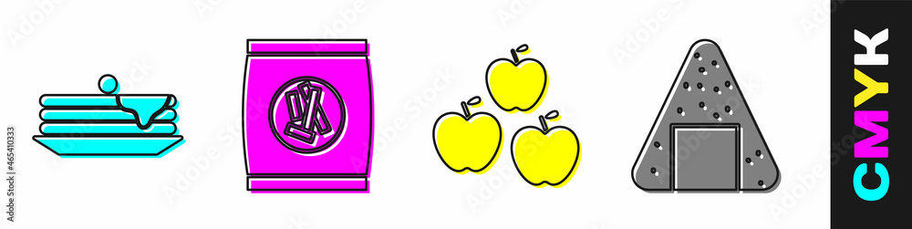 Set Stack of pancakes, Hard bread chucks crackers, Apple and Onigiri icon. Vector