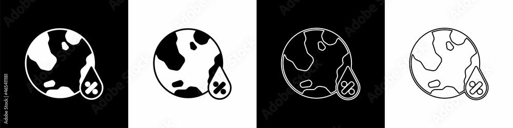 Set Water drop percentage icon isolated on black and white background. Humidity analysis. Vector