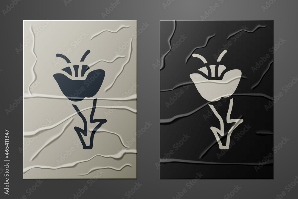 White Flower icon isolated on crumpled paper background. Paper art style. Vector