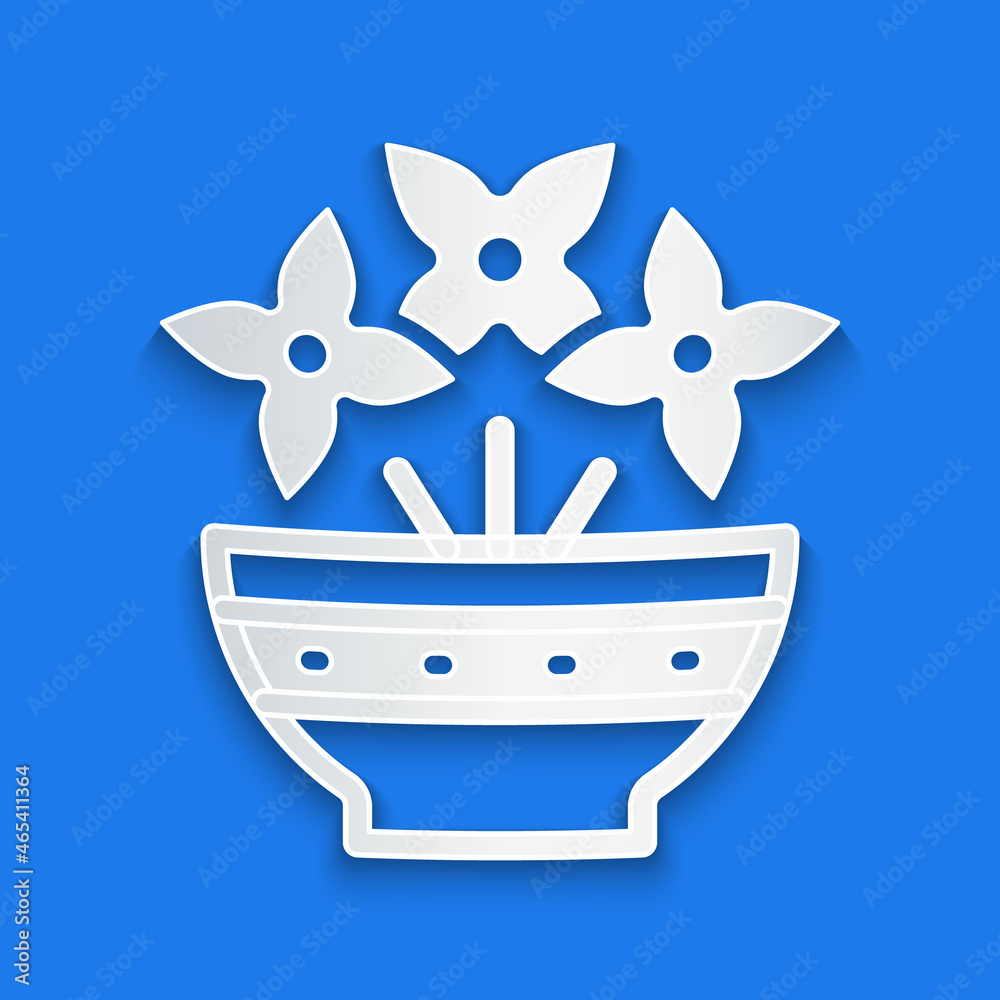 Paper cut Flower in vase icon isolated on blue background. Paper art style. Vector