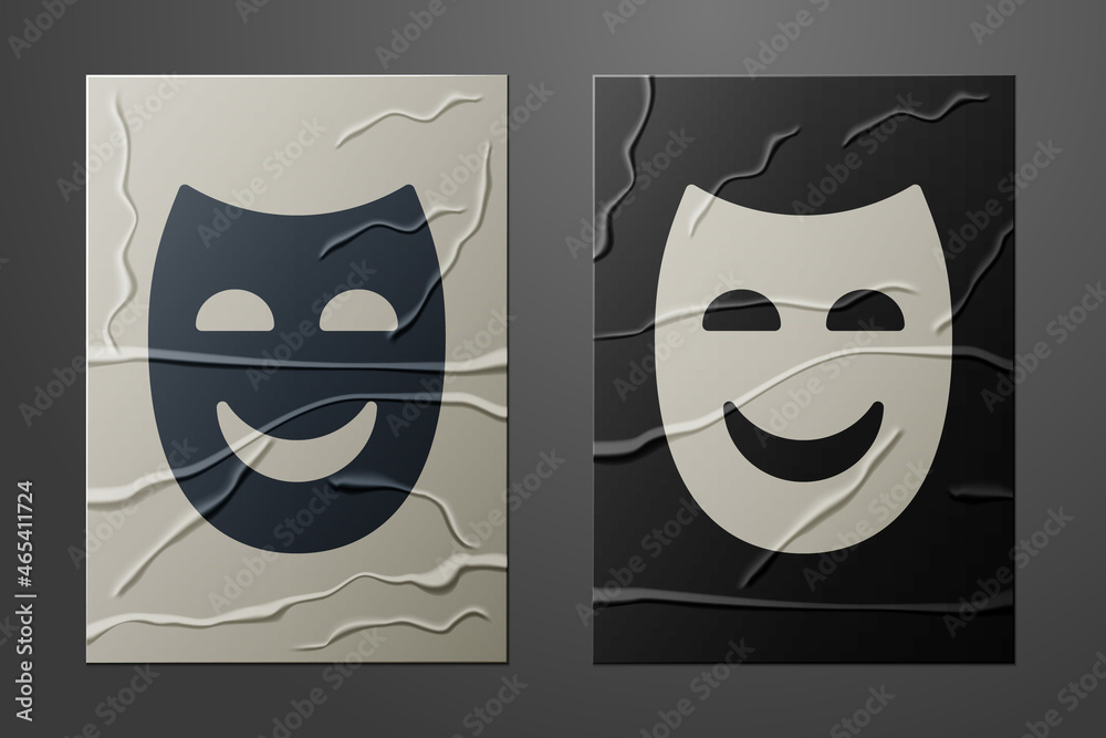 White Comedy theatrical mask icon isolated on crumpled paper background. Paper art style. Vector