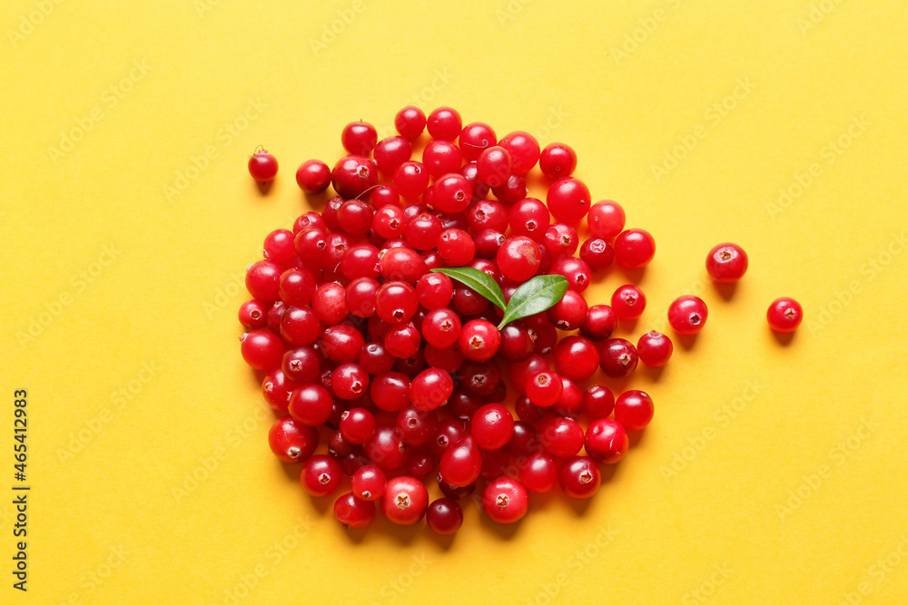 Heap of ripe lingonberry on color background