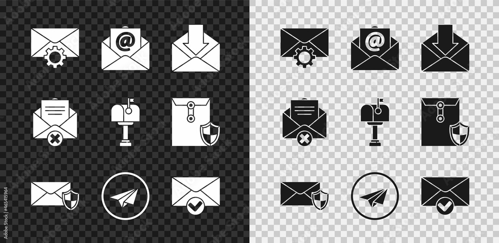 Set Envelope setting, Mail and e-mail, with shield, Paper plane, check mark, Delete envelope and box