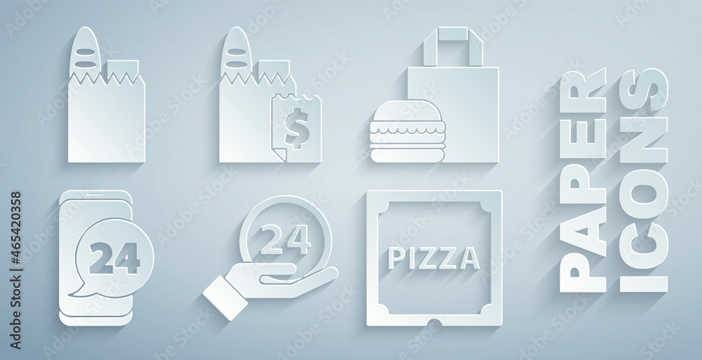 Set Clock 24 hours, Online ordering burger delivery, Food, Pizza cardboard box, and and Shopping bag