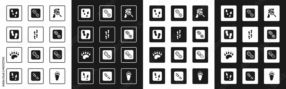 Set Magnifying glass with footsteps, Human footprints shoes, and Bear paw icon. Vector