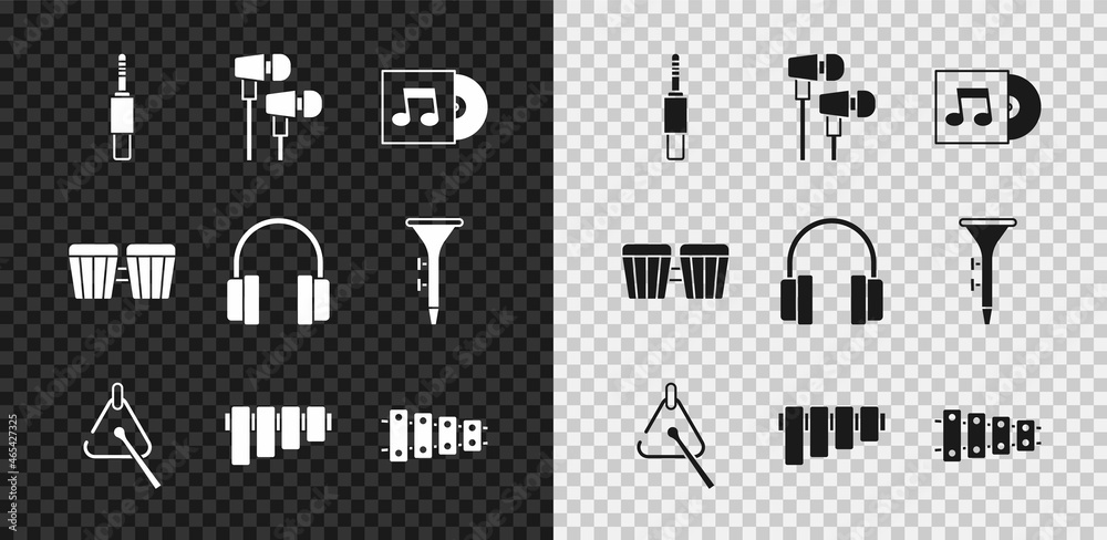 Set Audio jack, Air headphones, Vinyl disk, Triangle, Pan flute, Xylophone, Drum and Headphones icon