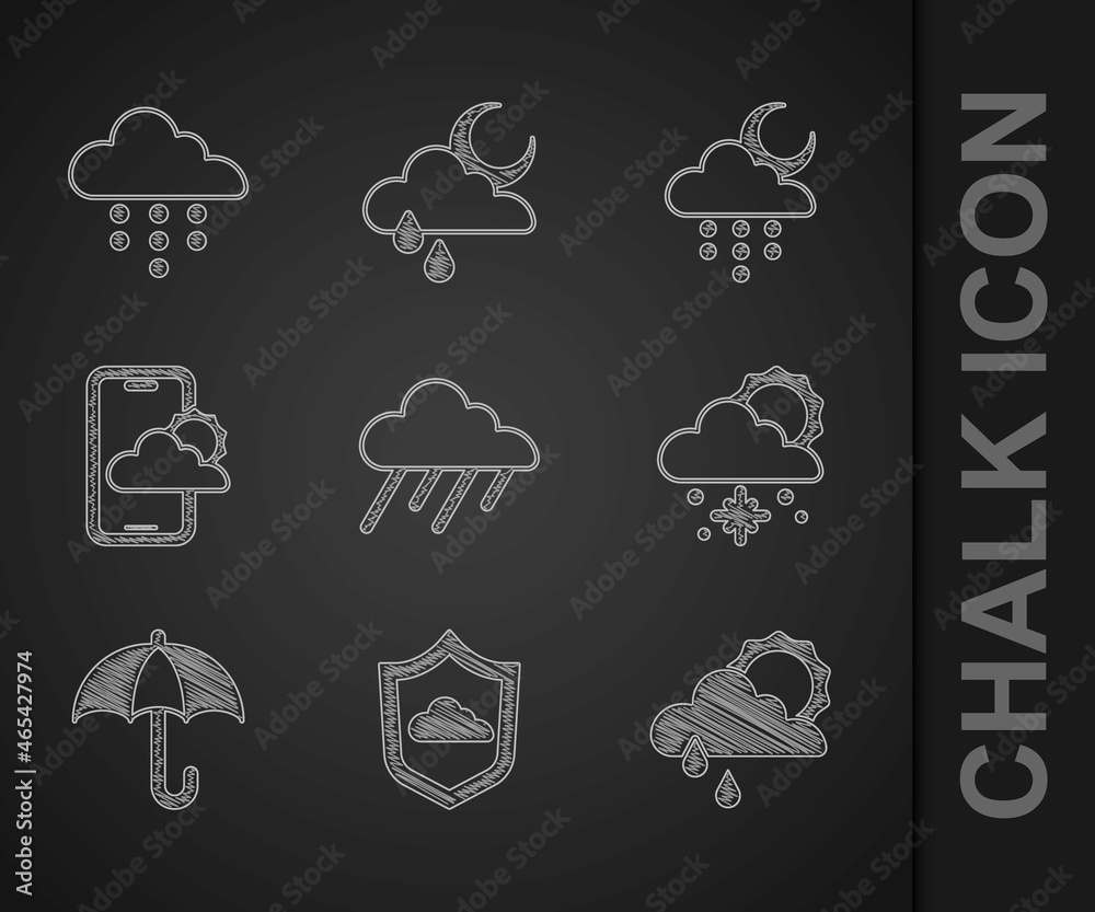 Set Cloud with rain, Weather forecast, and sun, snow, Umbrella, moon and icon. Vector