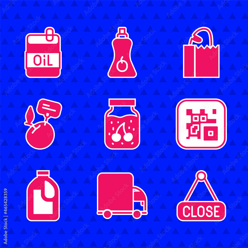 Set Jam jar, Delivery cargo truck, Hanging sign with Closed, QR code, Bottle for cleaning agent, Sup