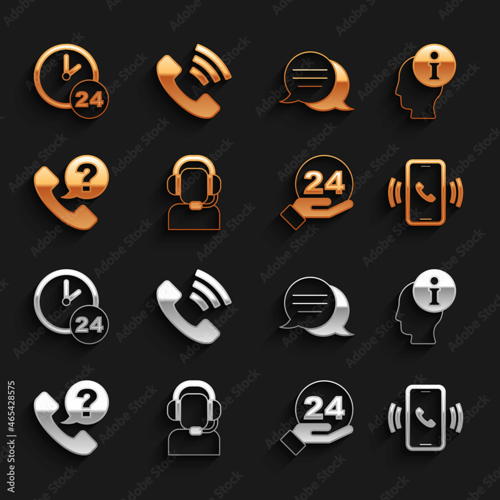 Set Man with a headset, Information, Telephone 24 hours support, Speech bubble chat, Clock and icon.