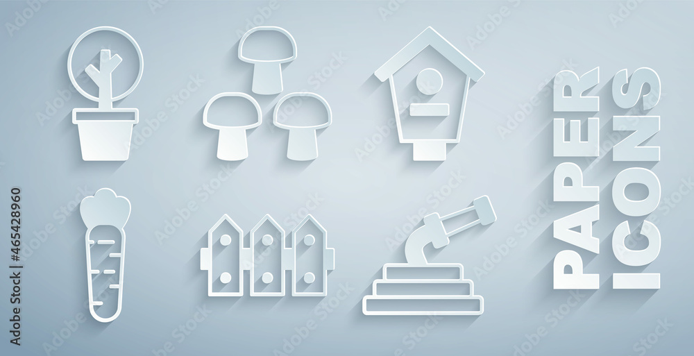 Set Garden fence wooden, Bird house, Carrot, hose, Mushroom and Forest icon. Vector