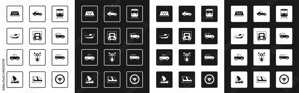 Set Train and railway, Delivery cargo truck, Rafting boat, Taxi roof, Off road, Car, and Pickup icon