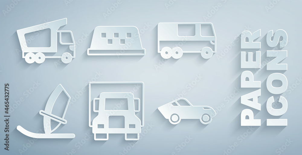 Set Delivery cargo truck, Bus, Windsurfing, Car, Taxi roof and icon. Vector