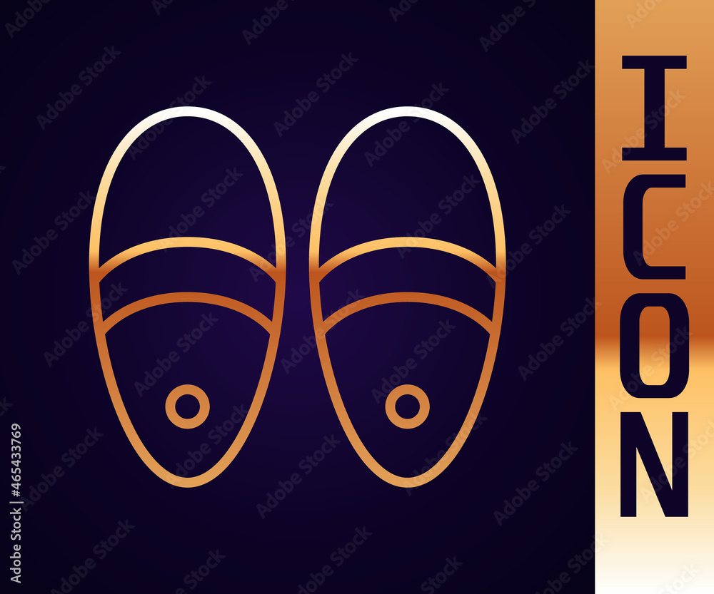 Gold line Slippers icon isolated on black background. Flip flops sign. Vector