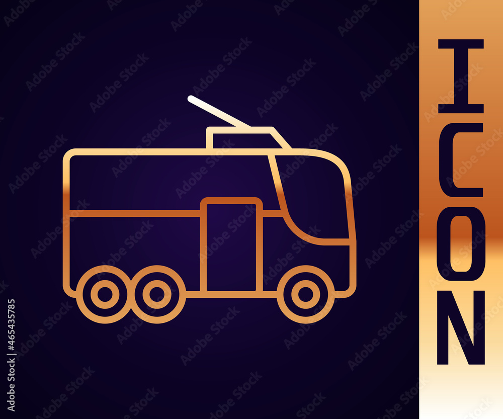 Gold line Trolleybus icon isolated on black background. Public transportation symbol. Vector