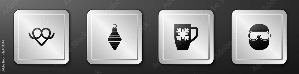 Set Pretzel, Christmas ball, Coffee cup with snowflake and Ski goggles icon. Silver square button. V