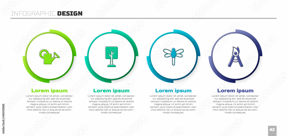 设置浇水罐、森林、蜻蜓和园艺手工剪刀。商业信息图表模板。