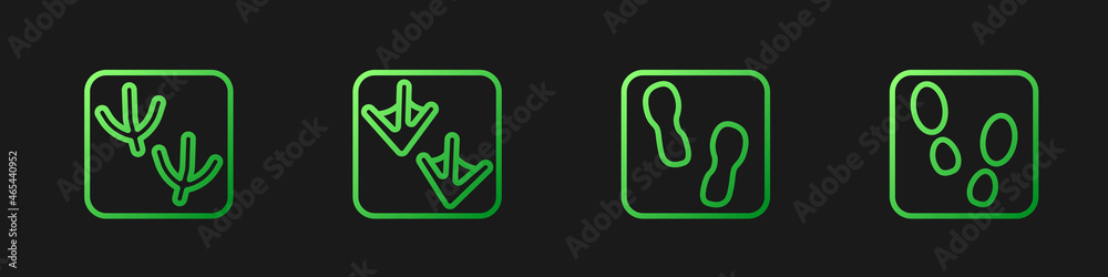 Set line Human footprints shoes, Dove paw, Goose and . Gradient color icons. Vector