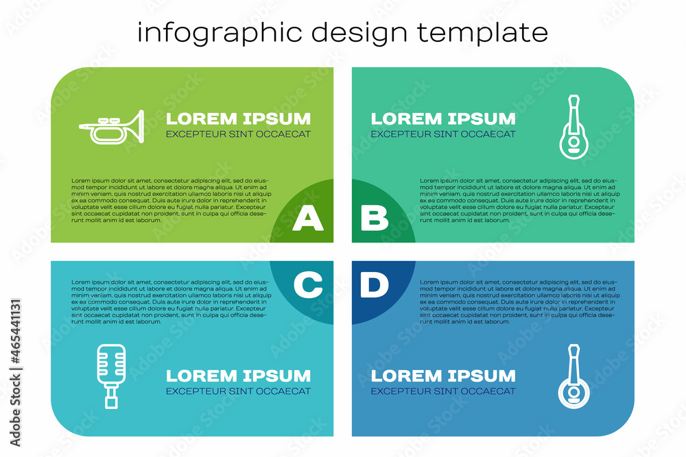 套装麦克风、小号、班卓琴和吉他。商业信息图模板。矢量