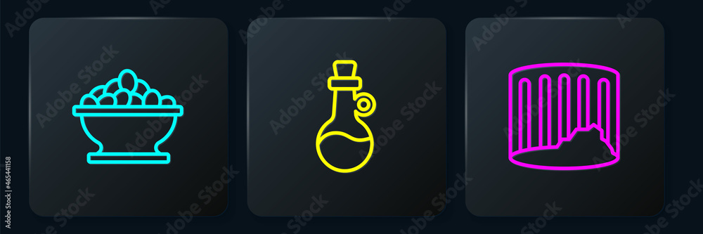 Set line Olives in bowl, Ancient column and Bottle of olive oil. Black square button. Vector