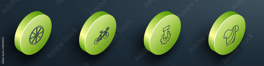 Set Isometric line Bicycle wheel, , Derailleur bicycle rear and Cycling t-shirt icon. Vector