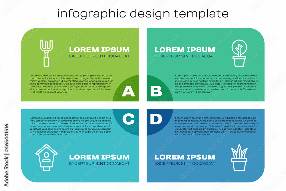 Set line Bird house, Garden rake, Plant in pot and Forest. Business infographic template. Vector