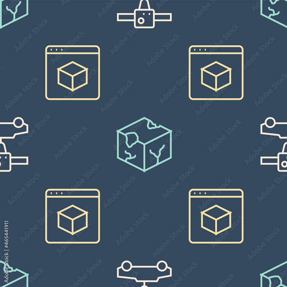 Set line 3D printer car, and Isometric cube on seamless pattern. Vector