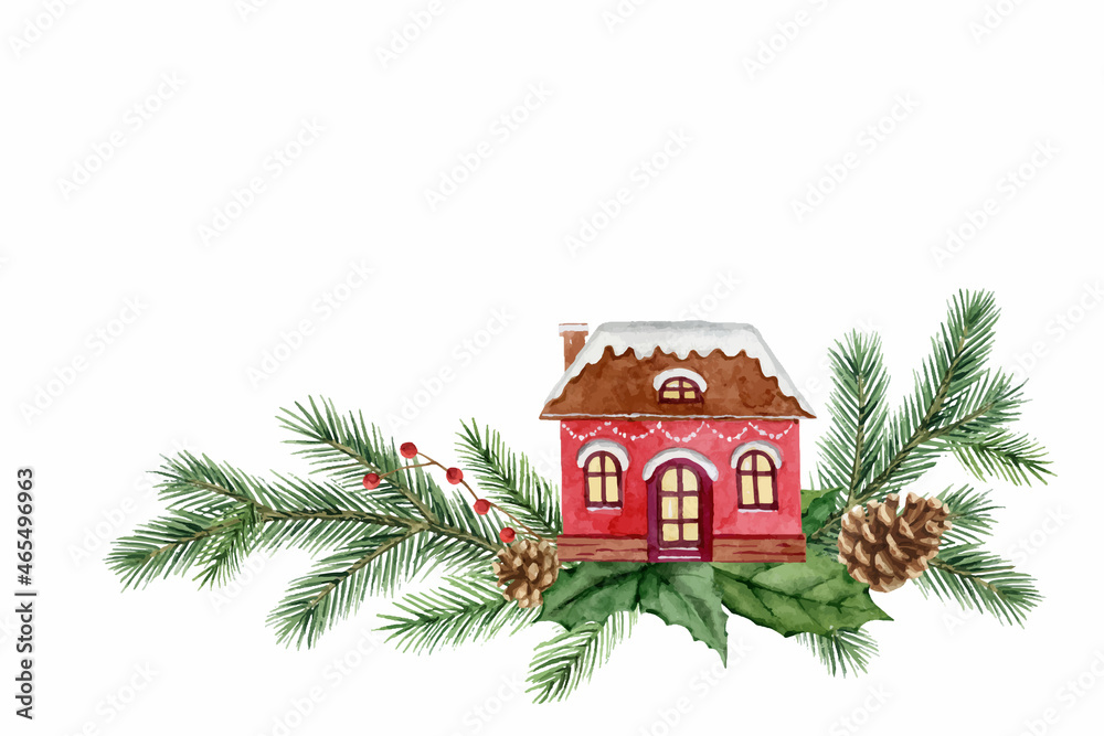 Watercolor vector Christmas a card with a house and fir branches.