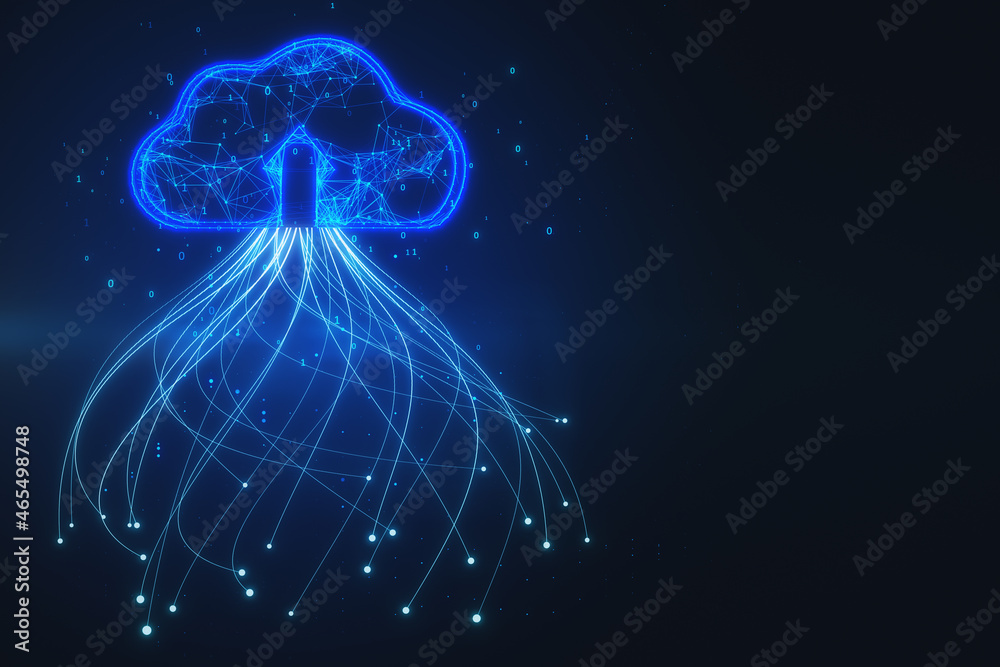 抽象发光的蓝色数字云，在黑色背景上有二进制代码，并有实体模型。Computin