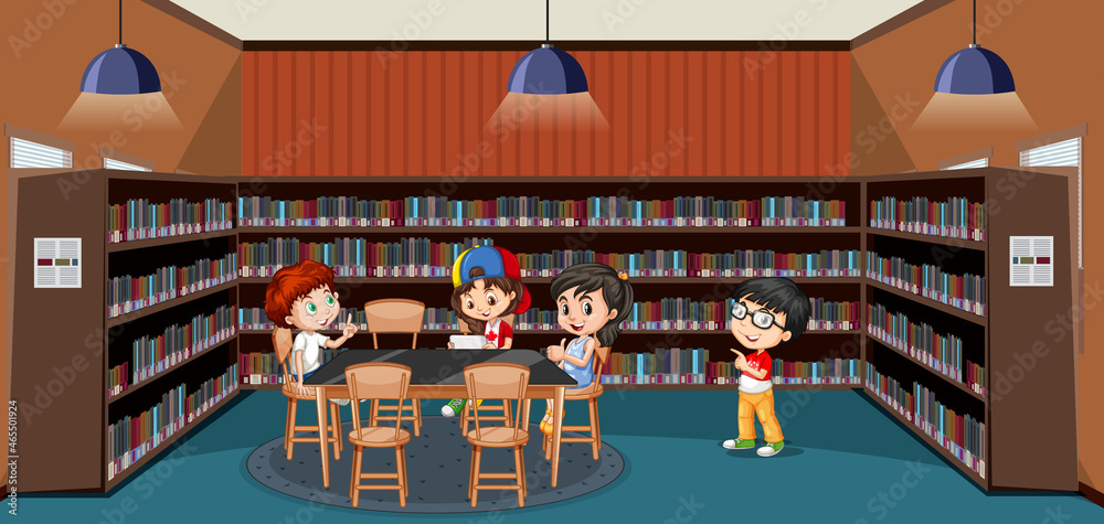 School library interior with children group