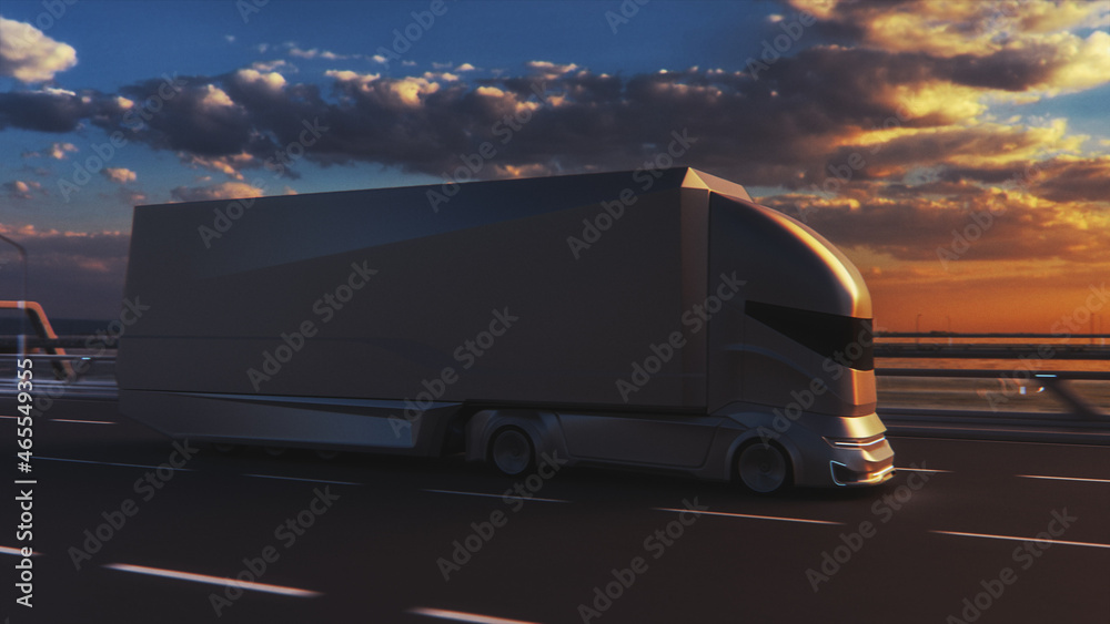 Futuristic Technology Concept: Autonomous Self-Driving Truck with Cargo Trailer Drives on the Road w