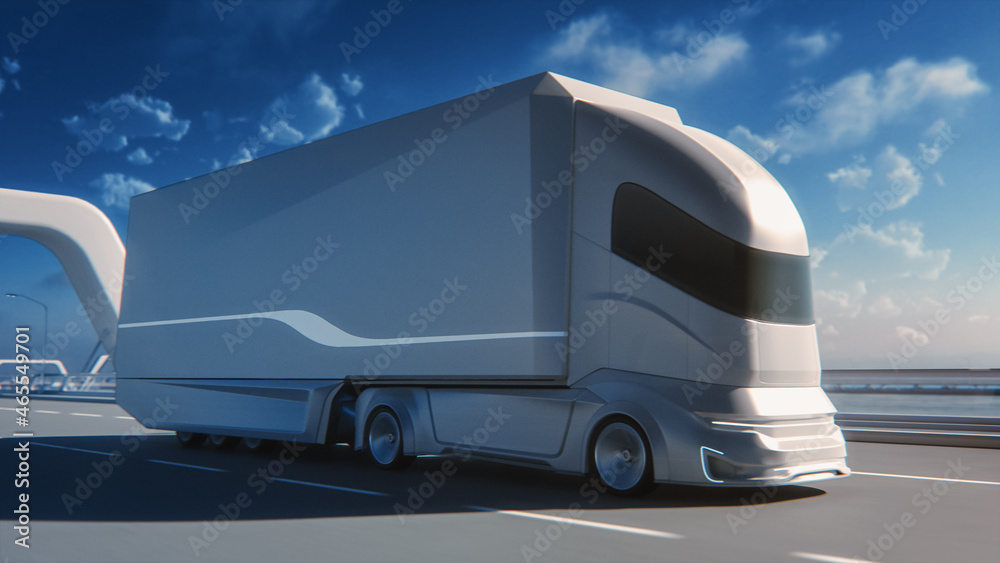 Futuristic Technology Concept: Autonomous Self-Driving Truck with Cargo Trailer Drives on the Road w