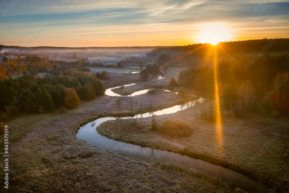 Radunia river meanders in the autumnal scenery before sunrise, Kashubia. Poland