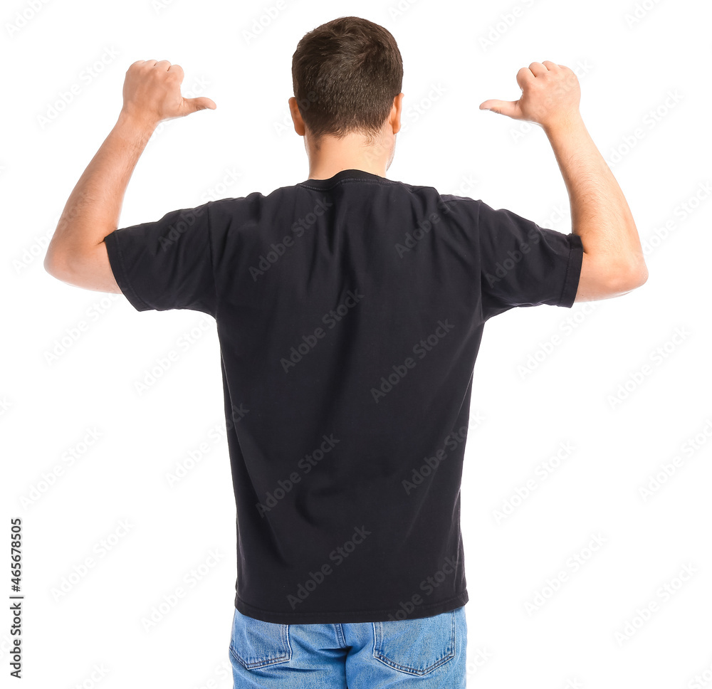 Handsome young man in stylish t-shirt on white background, back view