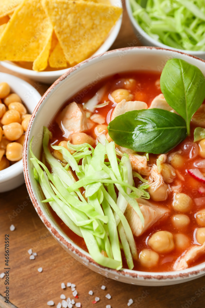 Delicious pozole soup in bowl on table, closeup