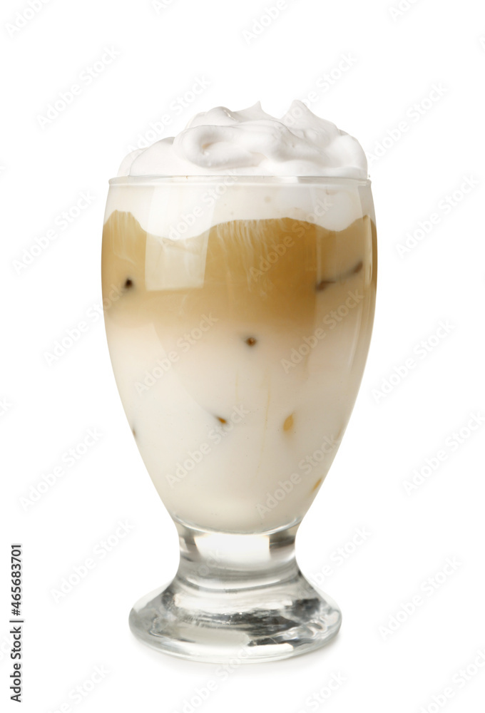 Glass of iced hojicha latte on white background