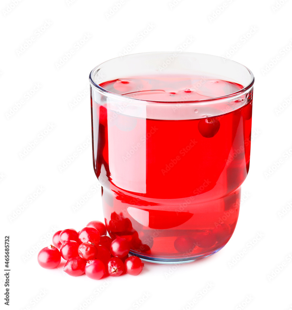 Glass of tasty lingonberry tea on white background