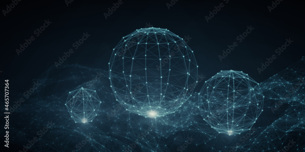 Abstract glowing blue grid globe with people icons on dark wallpaper. Social media, networking, comm