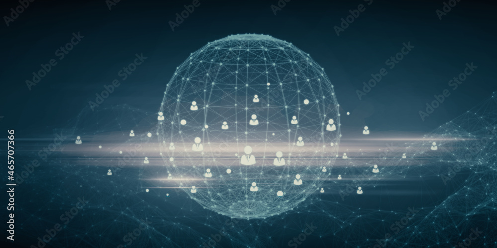 Creative glowing blue grid globe with people icons on dark background. Social media, networking, com