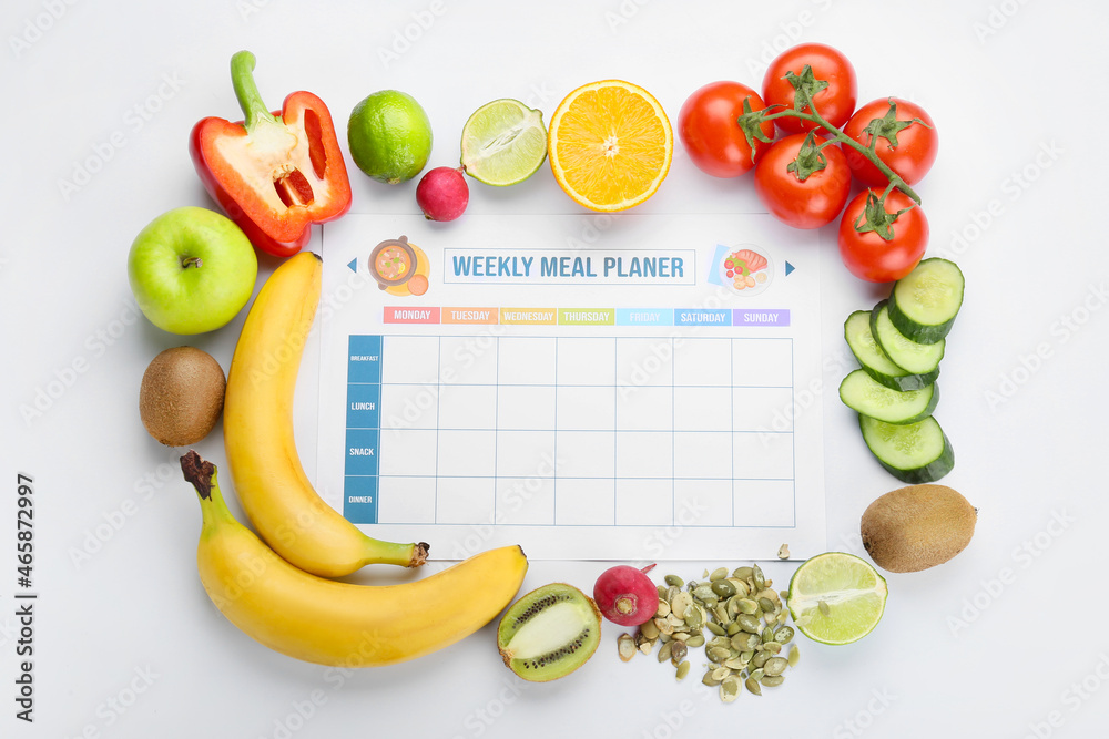 Meal plan with healthy products on white background