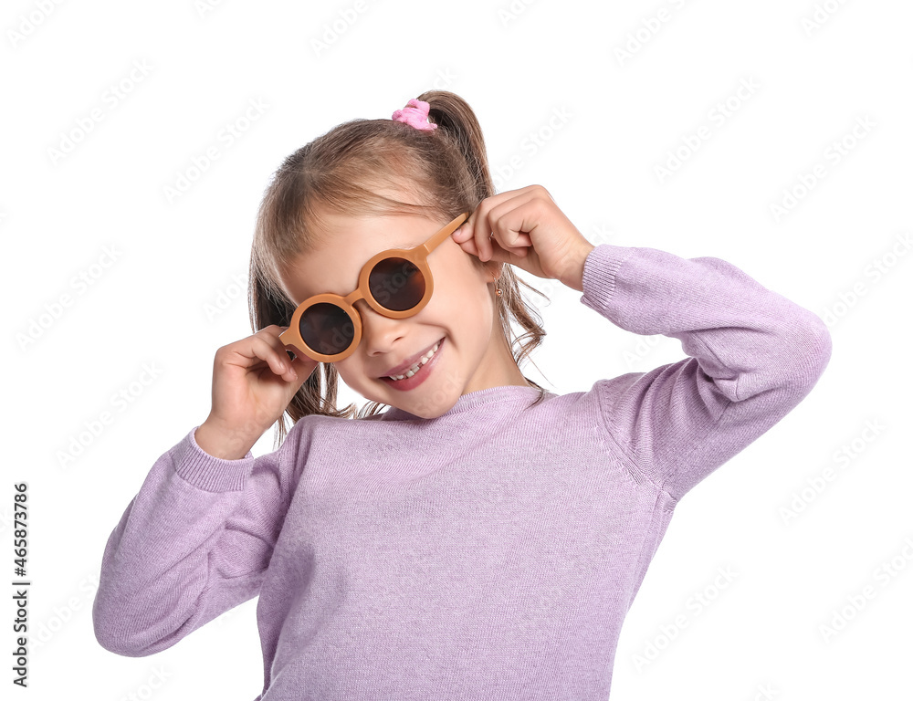 Cool stylish little girl on white background