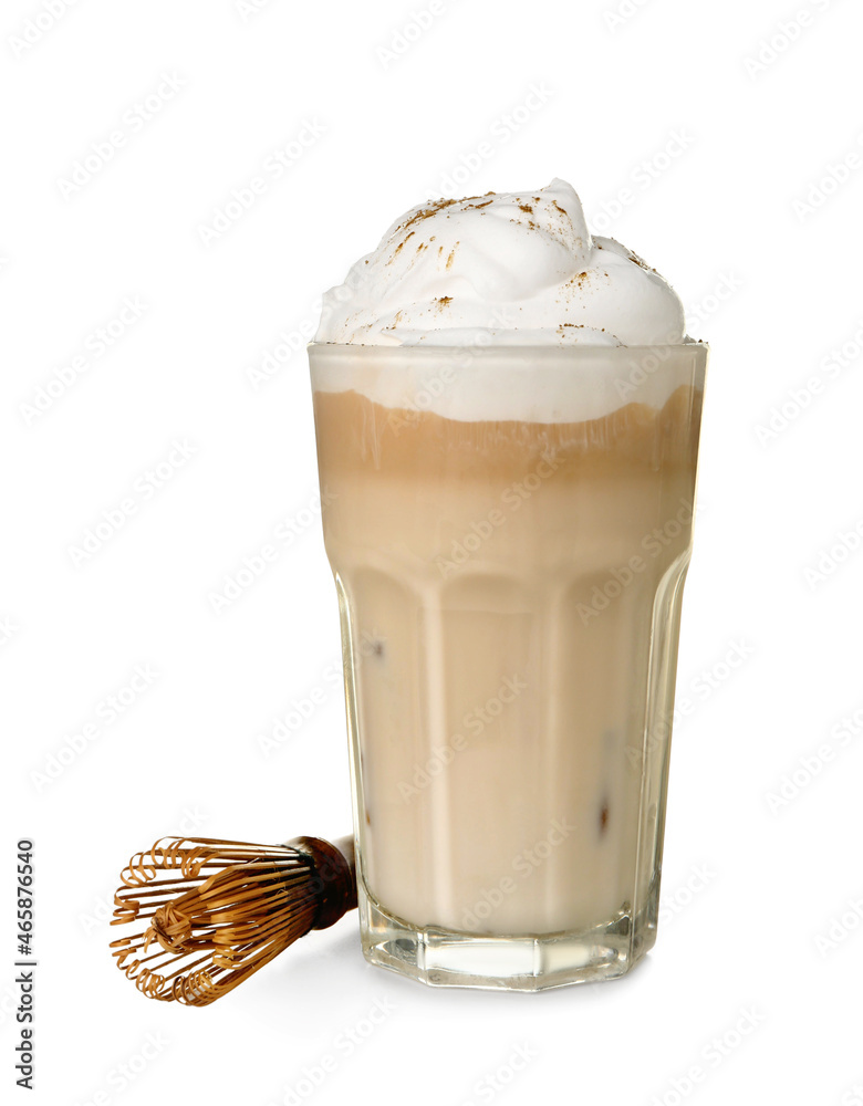 Glass of iced hojicha latte on white background