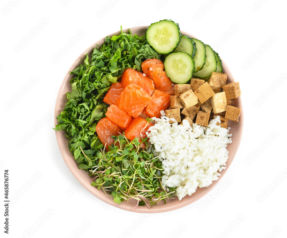 Tasty poke bowl with salmon, cucumber and tofu cheese on white background