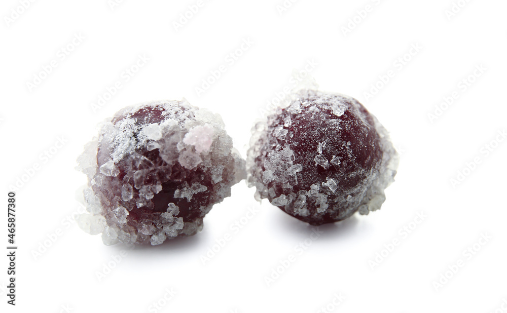 Tasty sugared cranberries on white background