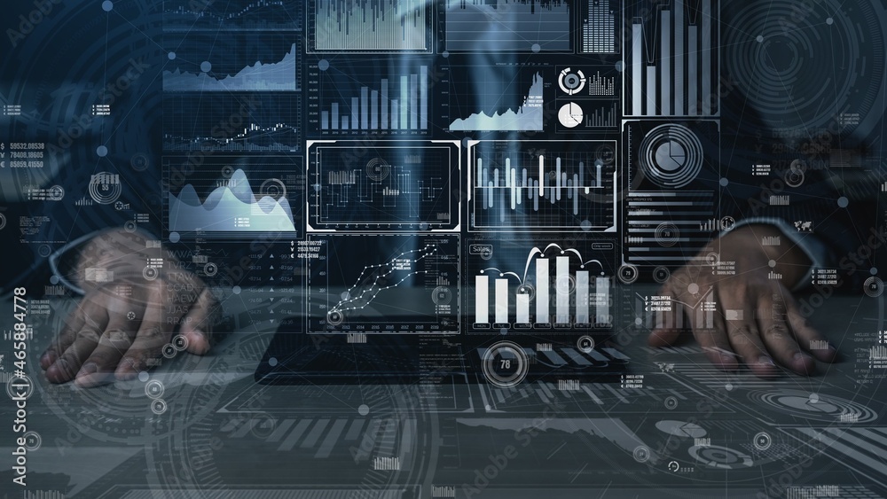 Big Data Technology for Business Finance Analytic conceptual. Modern graphic interface shows massive