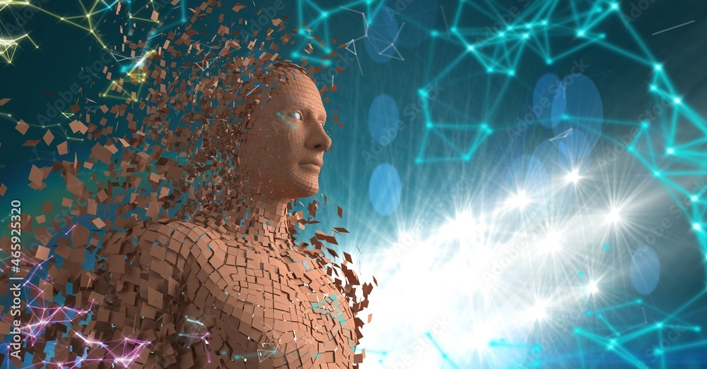 Pixelated 3d rendered image of male cyborg avatar with artificial intelligence and big global data