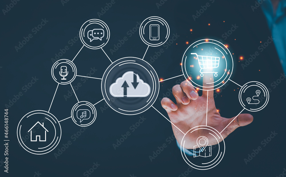 Man touching a cloud networking concept and touch screen with hand connection line on the black back