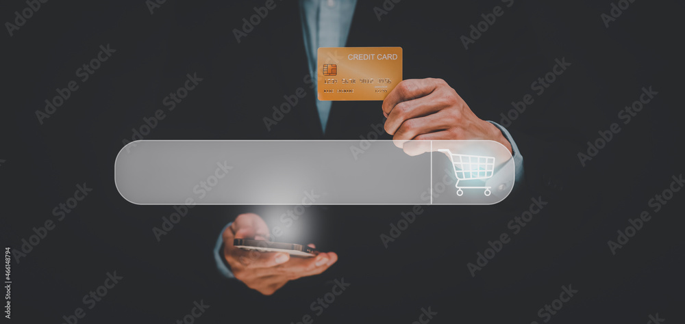 Searching Browsing Internet Data Information with blank search bar. mans hands are using a computer